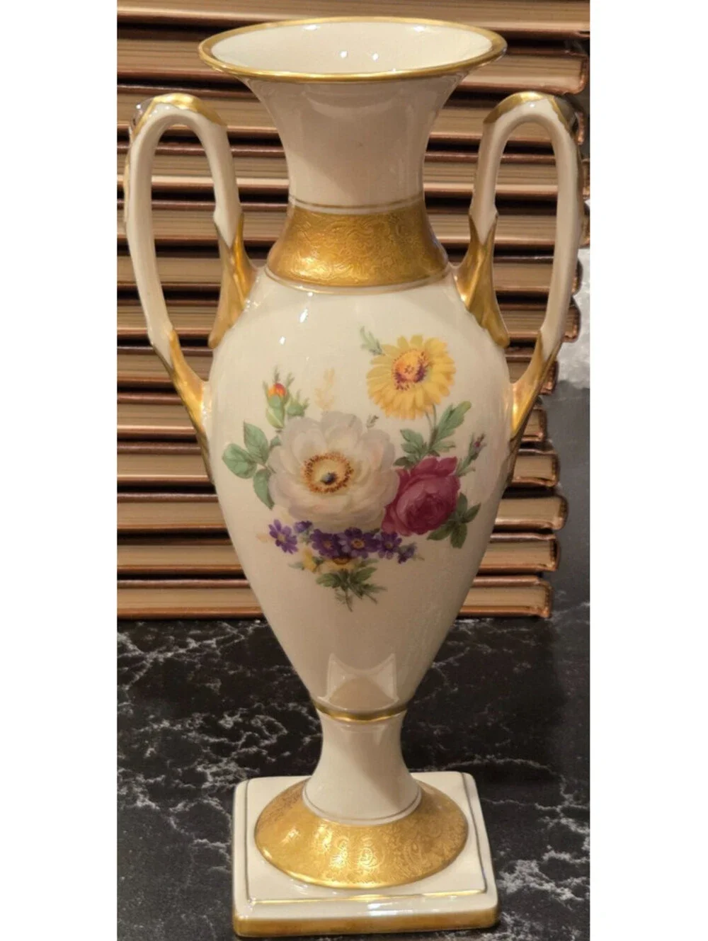 Vintage Lindner Kueps Bavaria Floral Porcelain Amphora Vase Gold Swan Handles